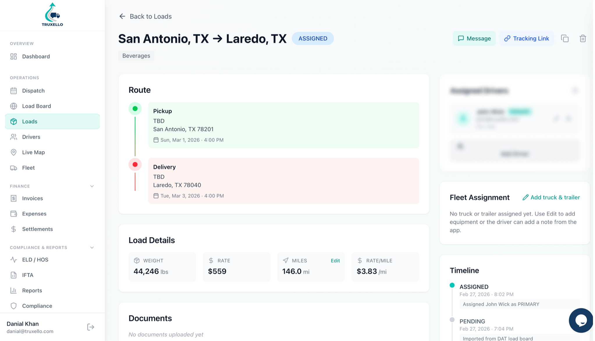 Truxello load detail page with route timeline, rate, weight, state miles, fleet assignment, and documents