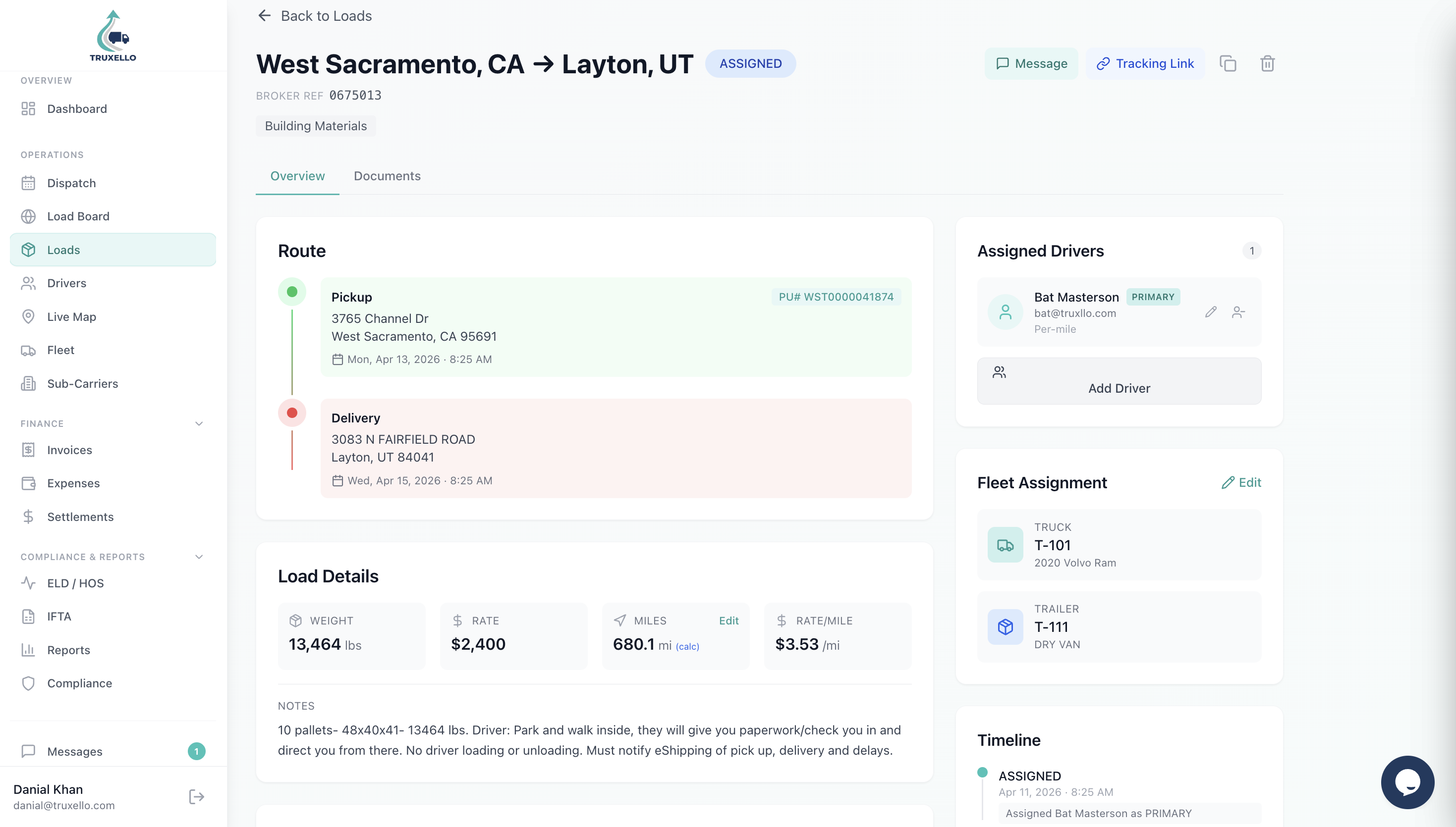Truxello load detail page with route timeline, rate, weight, state miles, fleet assignment, and documents