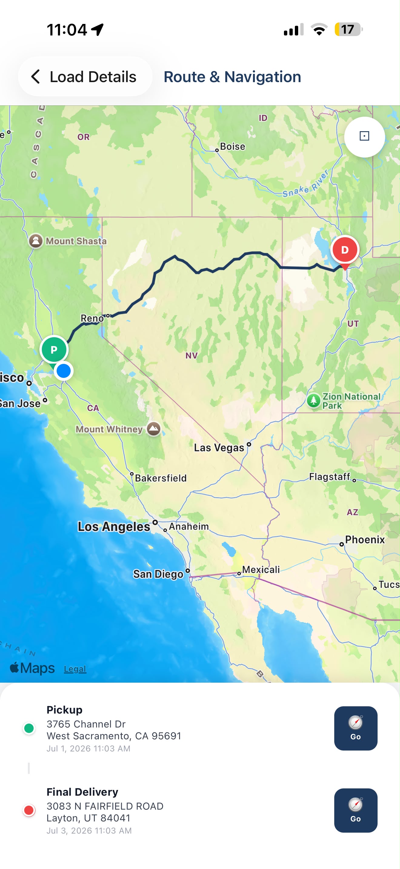Truxello driver mobile app route and navigation screen with pickup and delivery stops