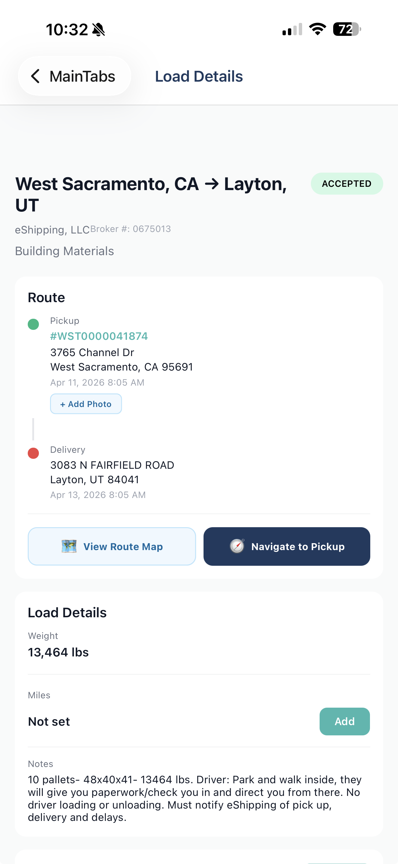 Truxello driver mobile app with load route, pickup and delivery stops, and navigate to pickup