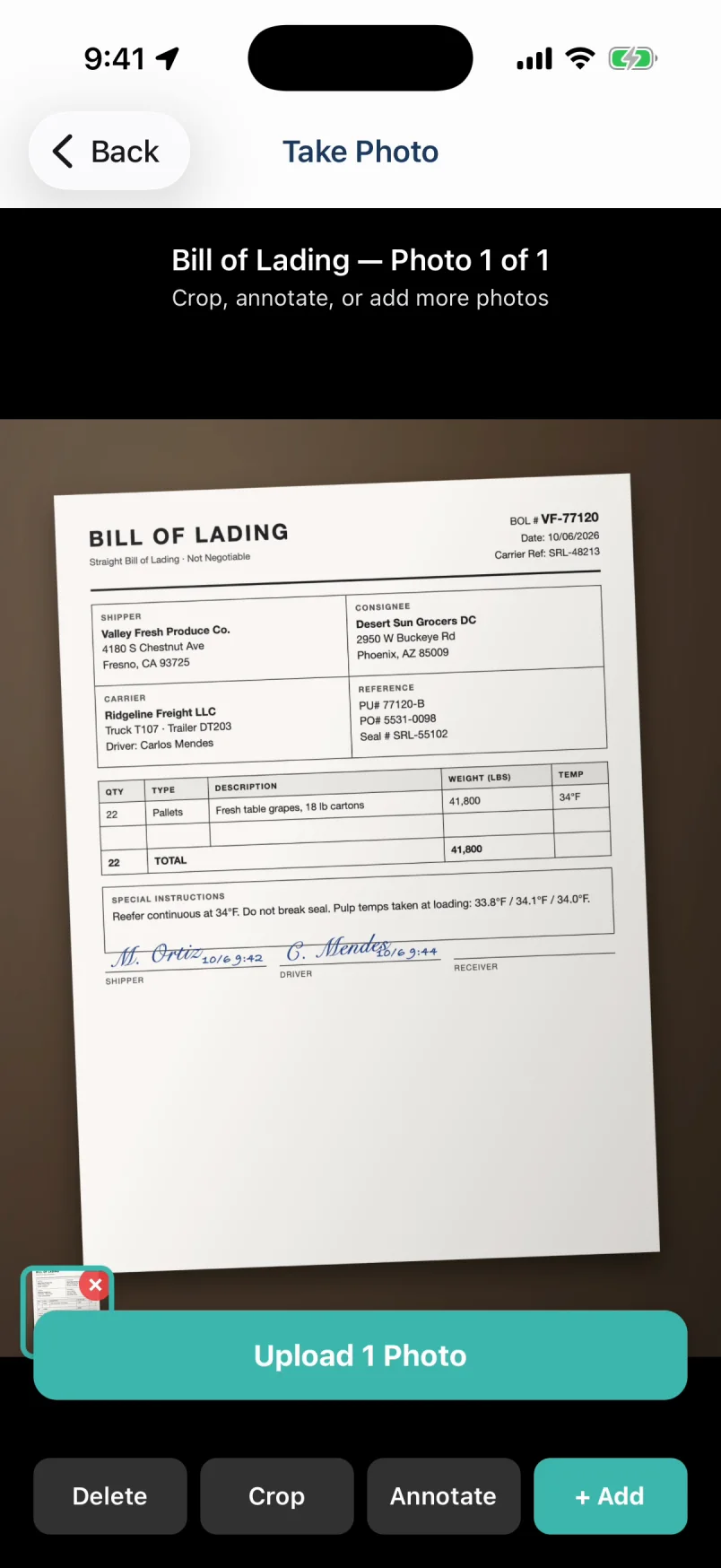 Driver app scanning a bill of lading with the phone camera