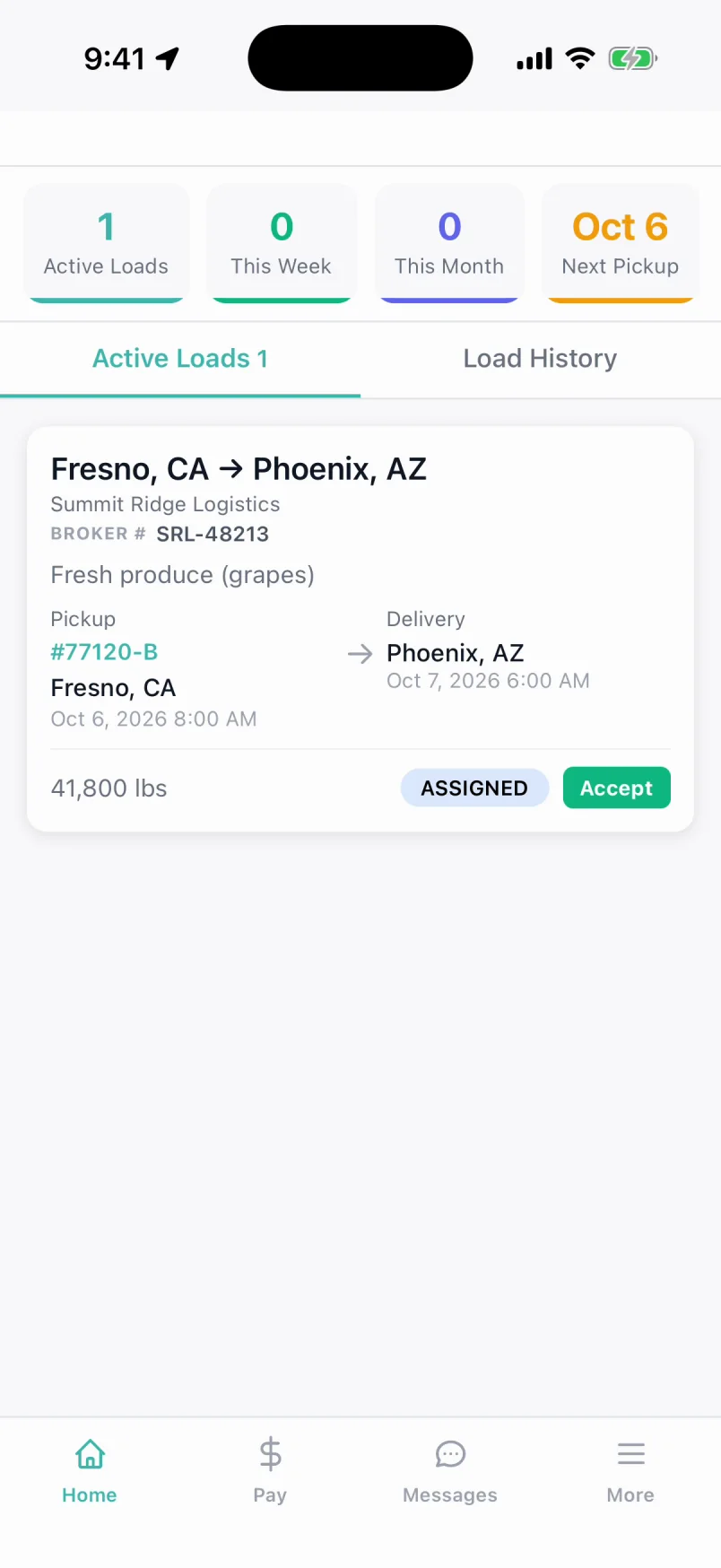 Driver app home screen with an assigned load from Fresno to Phoenix