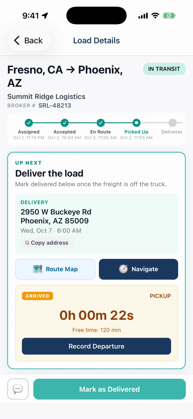 Driver app load in transit with the delivery address, navigation, and a running detention timer