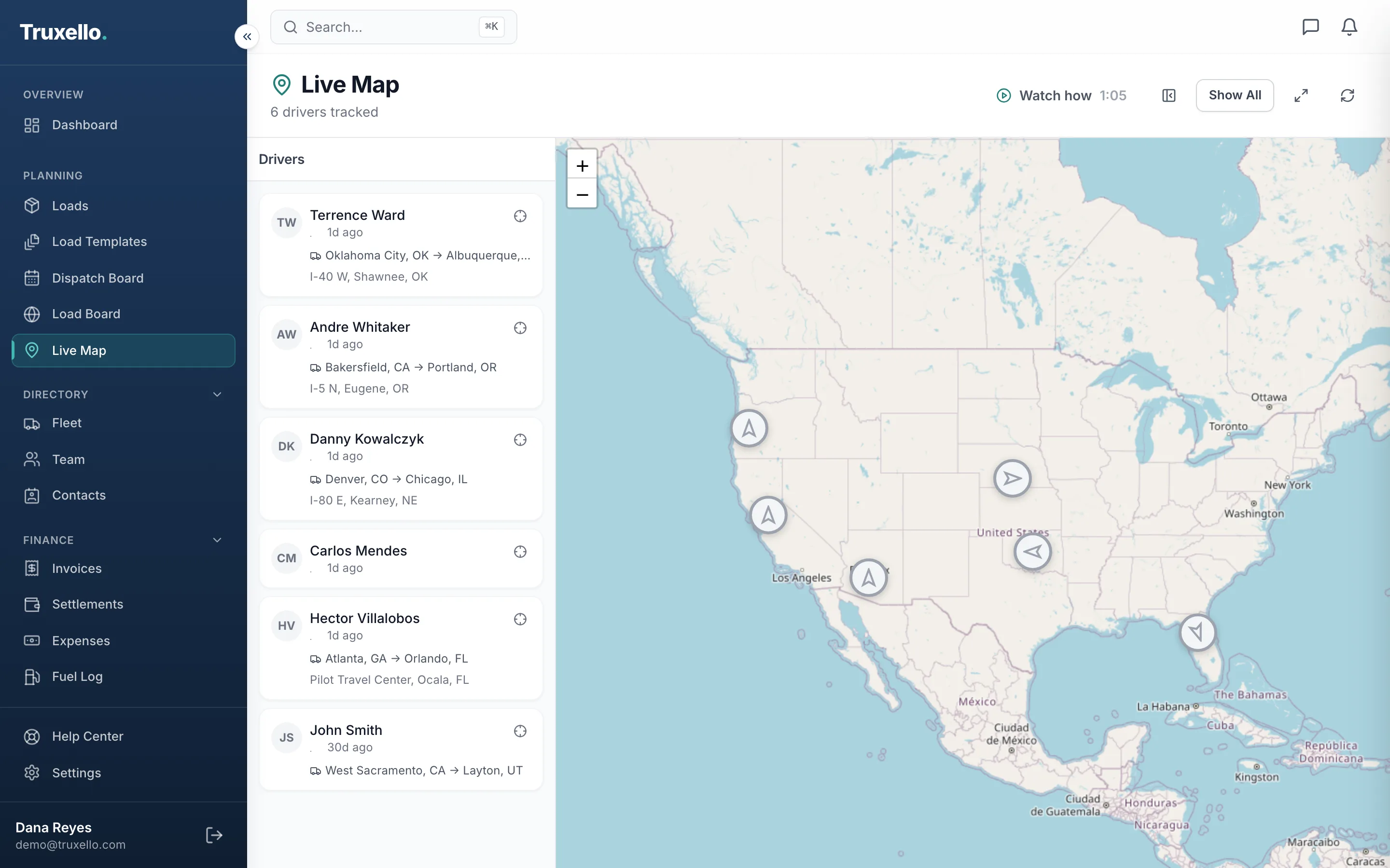 Live map of driver locations across the United States with each driver's current load